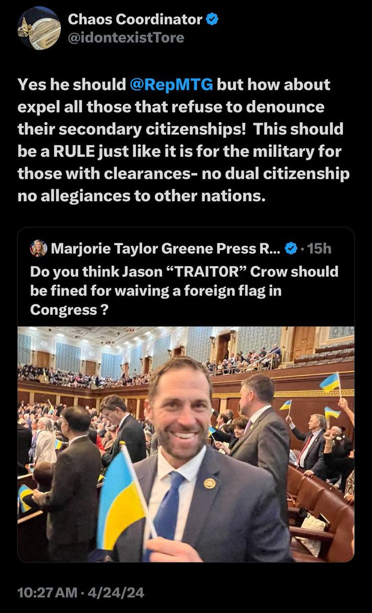 I'm still waiting for Tore #toresays to renounce her own dual citizenship. She claimed she held dual citizenship in US/Greece. Also, dual citizenship is NOT a bar to mil service OR getting a security clearance. You should google some of that shit before opening your mouth, Tore.