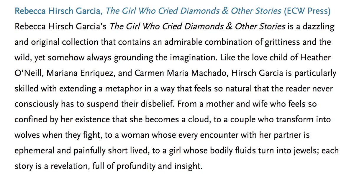 Major thanks to <a href="/twuc/">TWUC</a> for nominating The Girl Who Cried Diamonds for The Danuta Gleed Award.

And thank you for the kind words about my collection. I can't wait to read the works of the other nominees: writersunion.ca/news/short-lis…