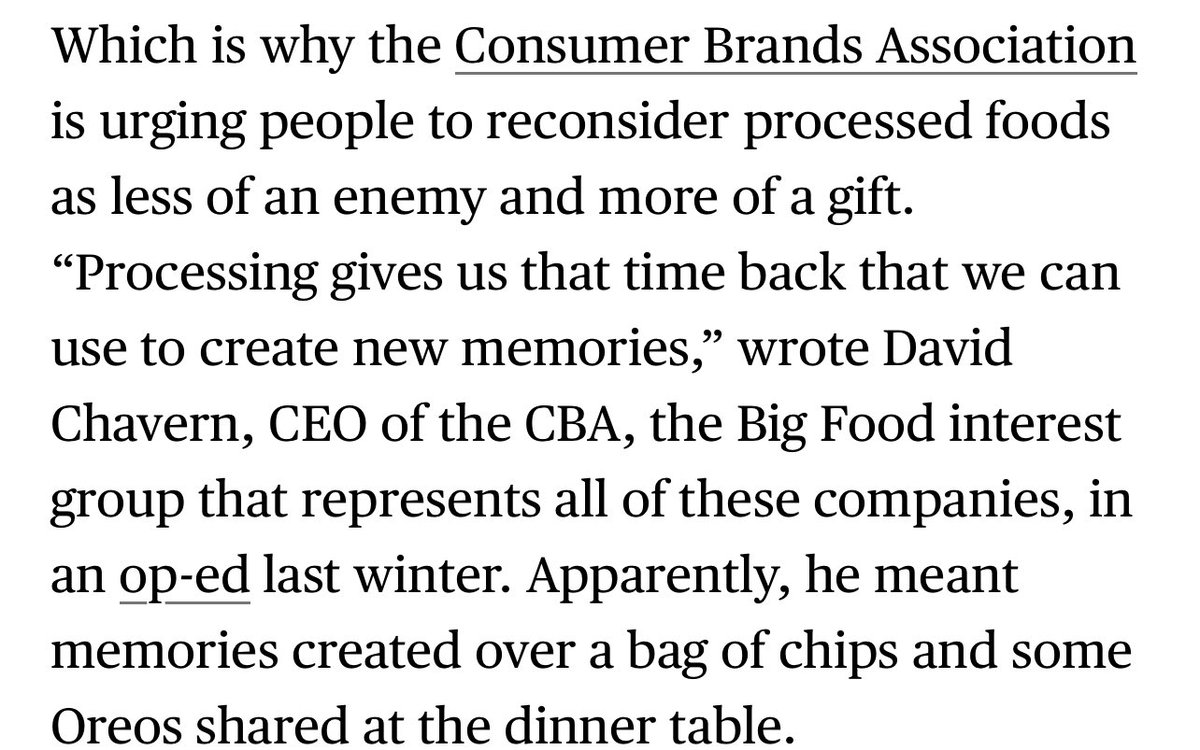 Ultraprocessed food “gives us that time back that we can use to create new memories.” Breathtaking statement from lobbyist for Kellogg’s and Kraft. 30% of young adults are pre-diabetic because of this stuff. In one generation. Thanks for the memories!