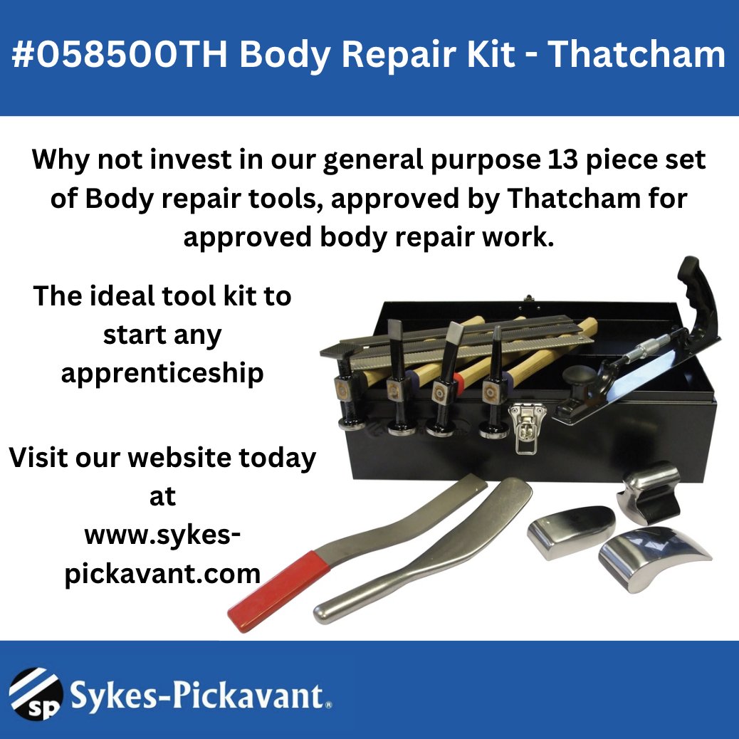 #058500Th Body Repair Kit - Thatcham. Invest today in a 13 piece set of body repair tools, approved by Thatcham. Ideal kit to start any apprenticeship! Visit the website today at sykes-pickavant.com
