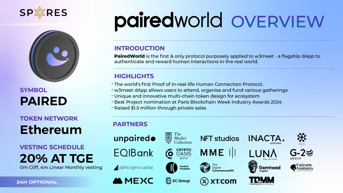 📢@PairedWorld 𝗢𝗩𝗘𝗥𝗩𝗜𝗘𝗪

PairedWorld is the first & only protocol purposely apply to @w3meetapp to authenticate and reward human interactions in the real world

1⃣ HIGHLIGHTS

🎖 The world's first Proof of in-real-life Human Connection Protocol.
🎖 w3meet dApp allows