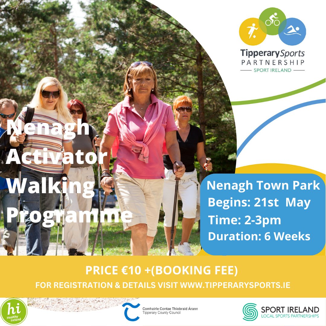 𝗔𝗰𝘁𝗶𝘃𝗮𝘁𝗼𝗿 𝗪𝗮𝗹𝗸𝗶𝗻𝗴 𝗣𝗿𝗼𝗴𝗿𝗮𝗺𝗺𝗲 at Nenagh Town Park. Starting May, 21st at 2pm Cost: €10 plus booking fee 🔗🔗 bit.ly/3xN8Paa #BeActiveTipperary