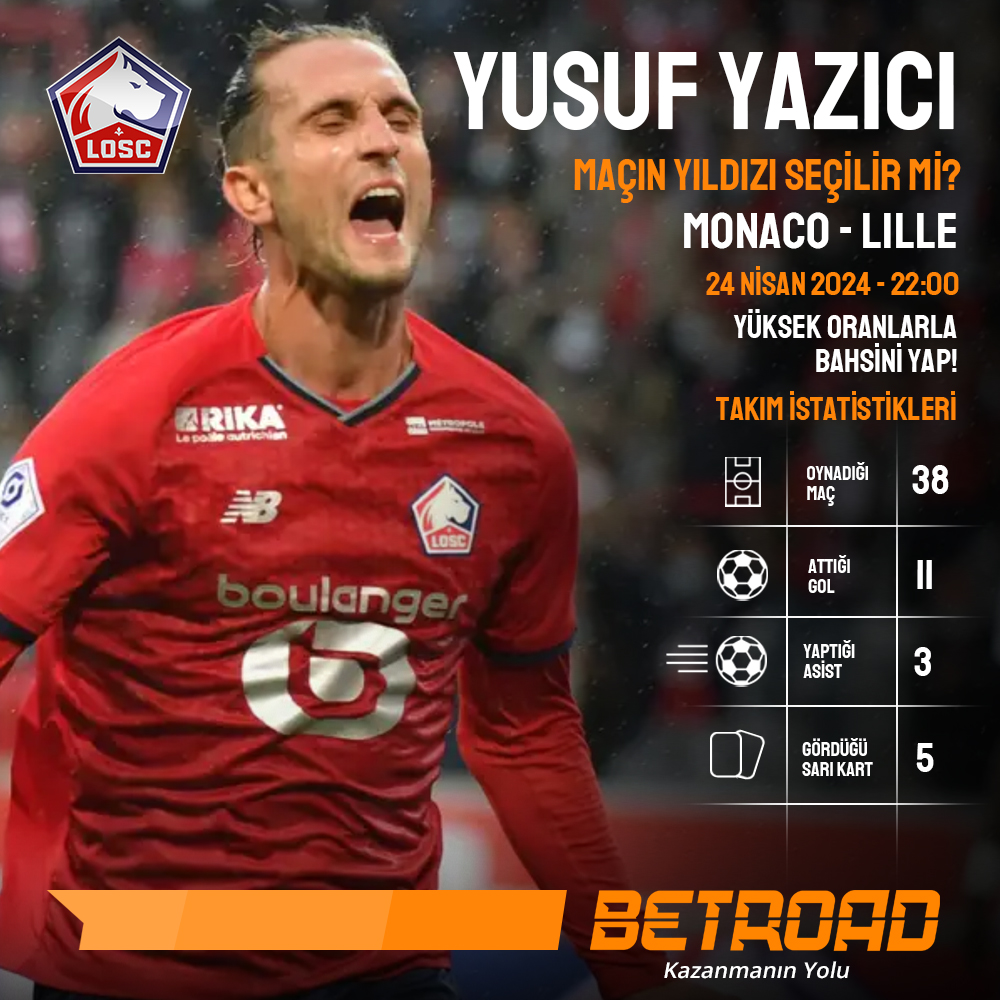 🤔 Ligue 1'de altı maçtır kayıp yaşamayan Lille, sezonun başarılı ekiplerinden Monaco'ya konuk olacak! Milli futbolcu Yusuf Yazıcı sizce bu maçın yıldızı olabilecek mi? Betroad Giriş: bit.ly/3TyqoDr