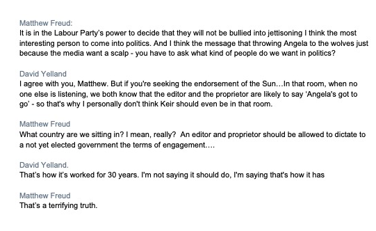 arusbridger's tweet image. A revealing podcast exchange between the former editor of the Sun @davidyelland and top PR man (+ former Murdoch son in law) Matthew Freud about why Keir Starmer should keep his distance from Rupert. From