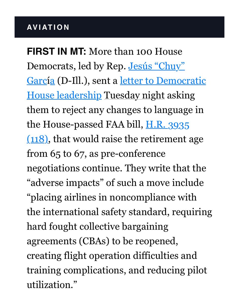 Right now, the House and Senate are negotiating a final Federal Aviation Administration (FAA) reauthorization bill. I led a letter with 121 of my colleagues urging House Democratic leadership to reject efforts to raise the pilot retirement age.