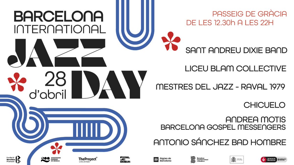 🎷🎶 Aquest diumenge 28/04 celebrem el Dia Internacional del Jazz amb gairebé 10 hores de jazz gratuït! Diversos grups actuaran en un escenari a l'aire lliure al passeig de Gràcia 🤩 🔗 jazz.barcelona @bcnjazzfest