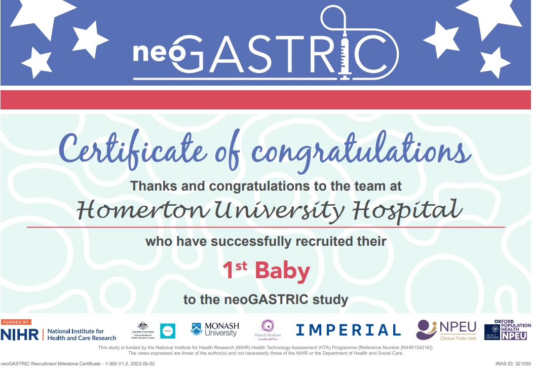 A huge congratulations to Homerton Hospital
@NHSHomerton on recruiting twins as their 1st participants on the neoGASTRIC trial.  Well done team! @NPEU_Oxford @NPEU_CTU @DrCGale