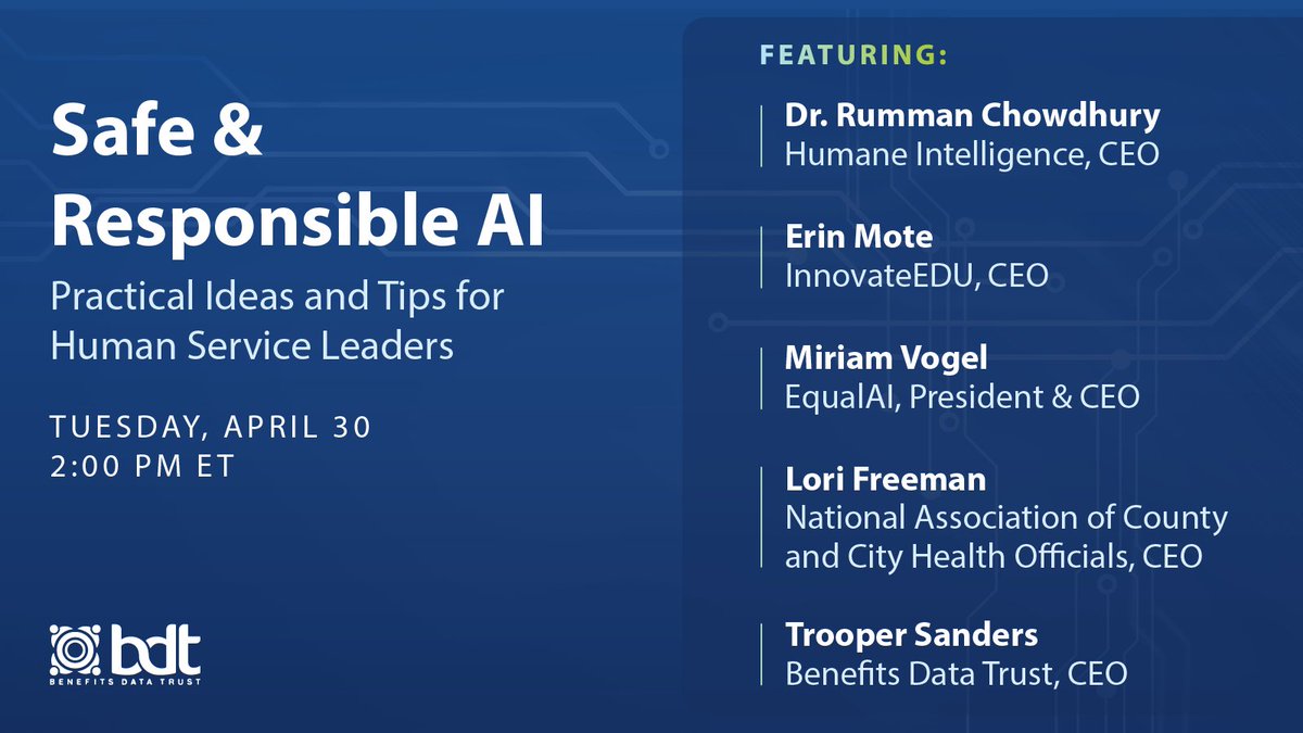 Through implementing responsible AI practices, we can protect communities and advance benefit programs like #SNAP to better serve them. Tune in on 4/30 for a round table w/ experts from @ai_equal, @innovateedunyc, @NACCHOalerts, & Humane Intelligence. bdtrust.org/trustworthy-ai…