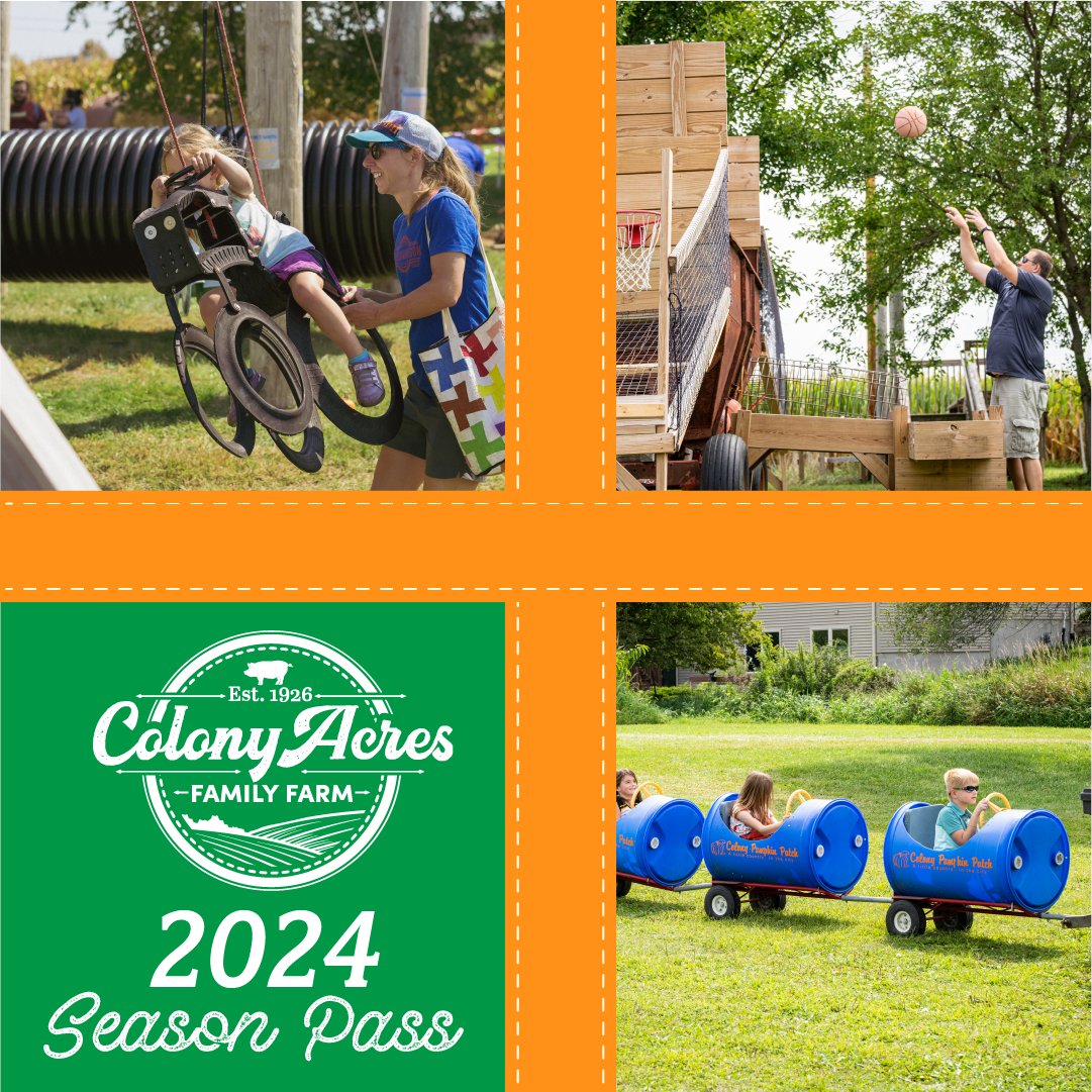 With warm days ahead, it’s time to get your 2024 season pass! 🎃🚜🌽🍂 A season pass is good for the entire 2024 harvest season and is transferable for caretakers and families. Purchase yours today colonyacres.ticketspice.com/2024-season-pa…. #ColonyAcres #SeasonPass #FallHarvest #FamilyFarm