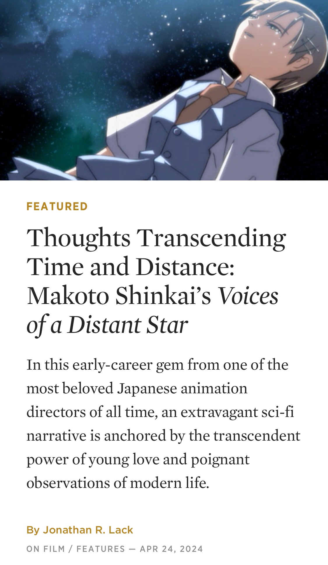 Parker Stenseth on X everyone should head over to Criterion this morning to read JonathanLack s new piece on Makoto Shinkai s VOICES OF A DISTANT STAR it s terrific and so is the film