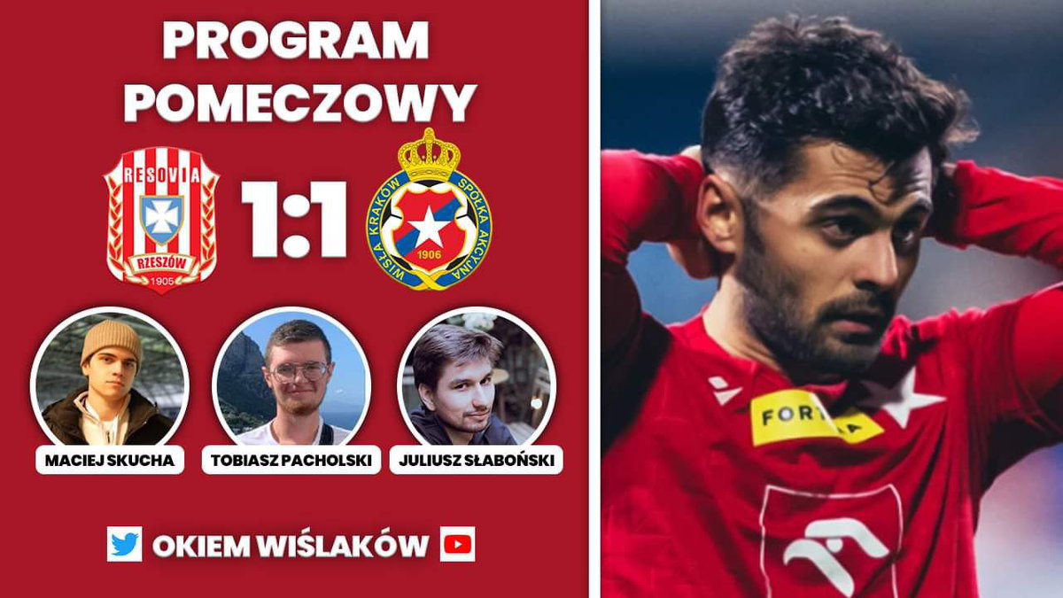 OkiemWislakow's tweet photo. 🚨18:30 STUDIO PO #RESWIS

➖Z czym problem ma Wisła Kraków?
➖Czy Wasiluk powinien otrzymać czerwoną kartkę?
➖Ocena poszczególnych piłkarzy.
i wiele więcej‼️

Na analizę meczu zapraszają @Maciej_Skucha, @Tobitsw1906 oraz @RocknRollStar8. 

Prośba o RT, link w komentarzu⤵️ https://t.co/MvrLQhRYRD