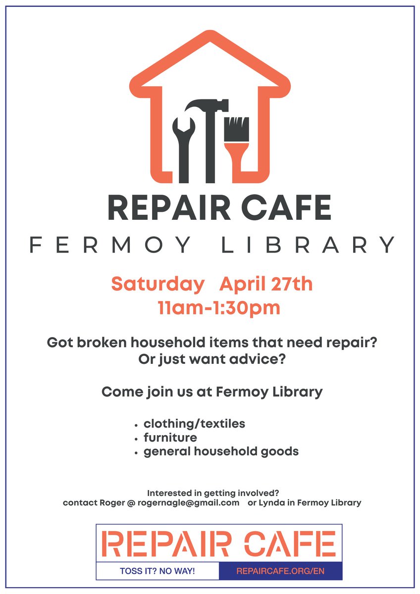 The Repair Café is back at #FermoyLibrary this Saturday the 27th April so be sure to bring in your broken items for the team to fix! @FermoyForum