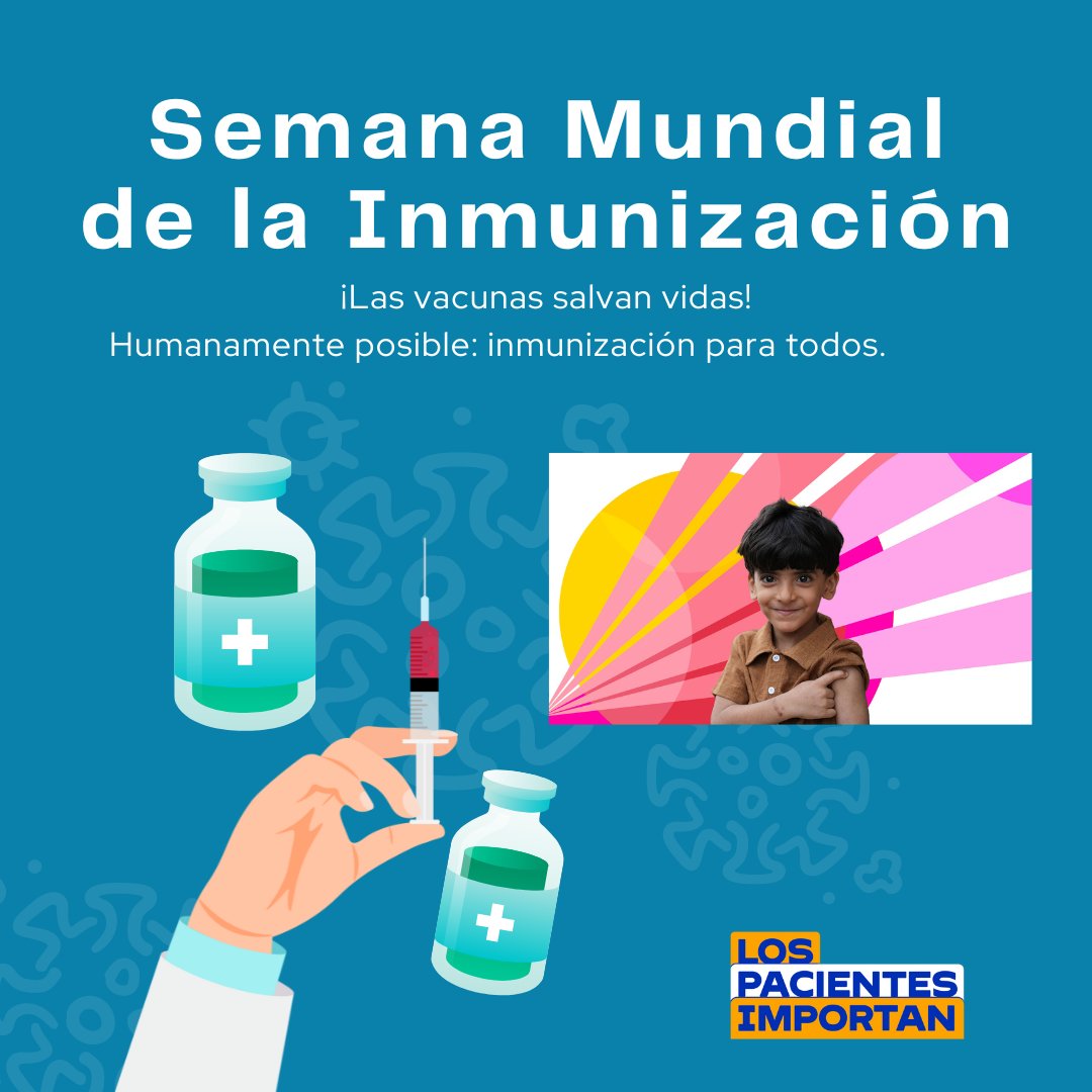 📢 Semana Mundial de la Inmunización 2024. Las vacunas se han convertido en una piedra angular de la salud pública, ya que previenen la propagación de enfermedades mortales y salvan innumerables vidas: @WHO . ¡Las vacunas salvan vidas! #NoSomosInvisibles #LosPacientesImportan 👍