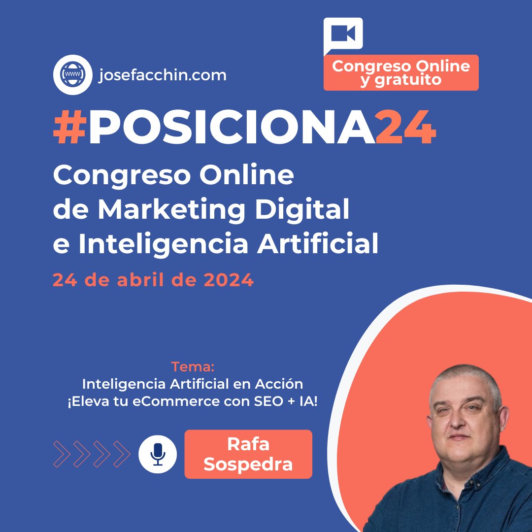 facchinjose's tweet photo. » 17:05 h – @rafsos -  #posiciona24

Título: «Inteligencia Artificial en Acción ¡Eleva tu eCommerce con estrategias de SEO + IA!»

Descripción: sumérgete en el mundo del SEO para ecommerce en la era de la IA, donde la personalización y la experiencia del usuario reinan. https://t.co/9YGVACtnmg
