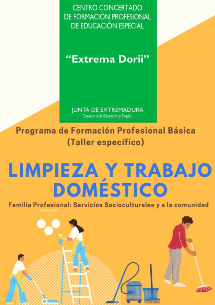 🗣️Programa de Formación Profesional Básica – Limpieza y Trabajo Doméstico ¿A quien va dirigido? 👉Alumnado (entre 16 y 19 años) sin ❌  título de Graduado en E.S.O. u otro equivalente.Presenten necesidades educativas especiales. ✅info: cjex.org/programa-de-fo…  #formacionjuventud