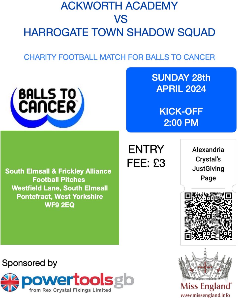 Ackworth_School's tweet photo. Join us Sunday 28th April for a charity football match organised by one of our Fifth Formers, Alex Crystal. Lacing up their boots and taking to the field will be our Ackworth Academy Football team, ready to score goals for a good cause!
#HTFA #CharityFootballMatch #BallsToCancer https://t.co/wSH7cW3gx4