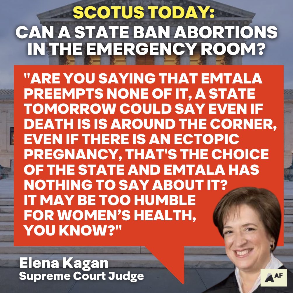 Supreme Court Judge Elena Kagan points out that Idaho's horrific abortion ban would be endangering the lives of pregnant people, and that Idaho wants to be the ONLY deciding factor in their care - which is complete bullshit. #AbortionAF #idaho #emtala #scotus