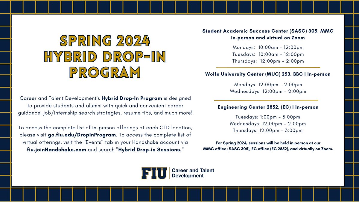 The Hybrid Drop-In Program offers a 15-20 minute session with a peer career coach in which students and alumni can receive career advice, resume tips, and interviewing skills. Find out more at go.fiu.edu/dropinprogram #FIU #FIU24 #FIU25 #FIU26 #FIU27 #HireFIU