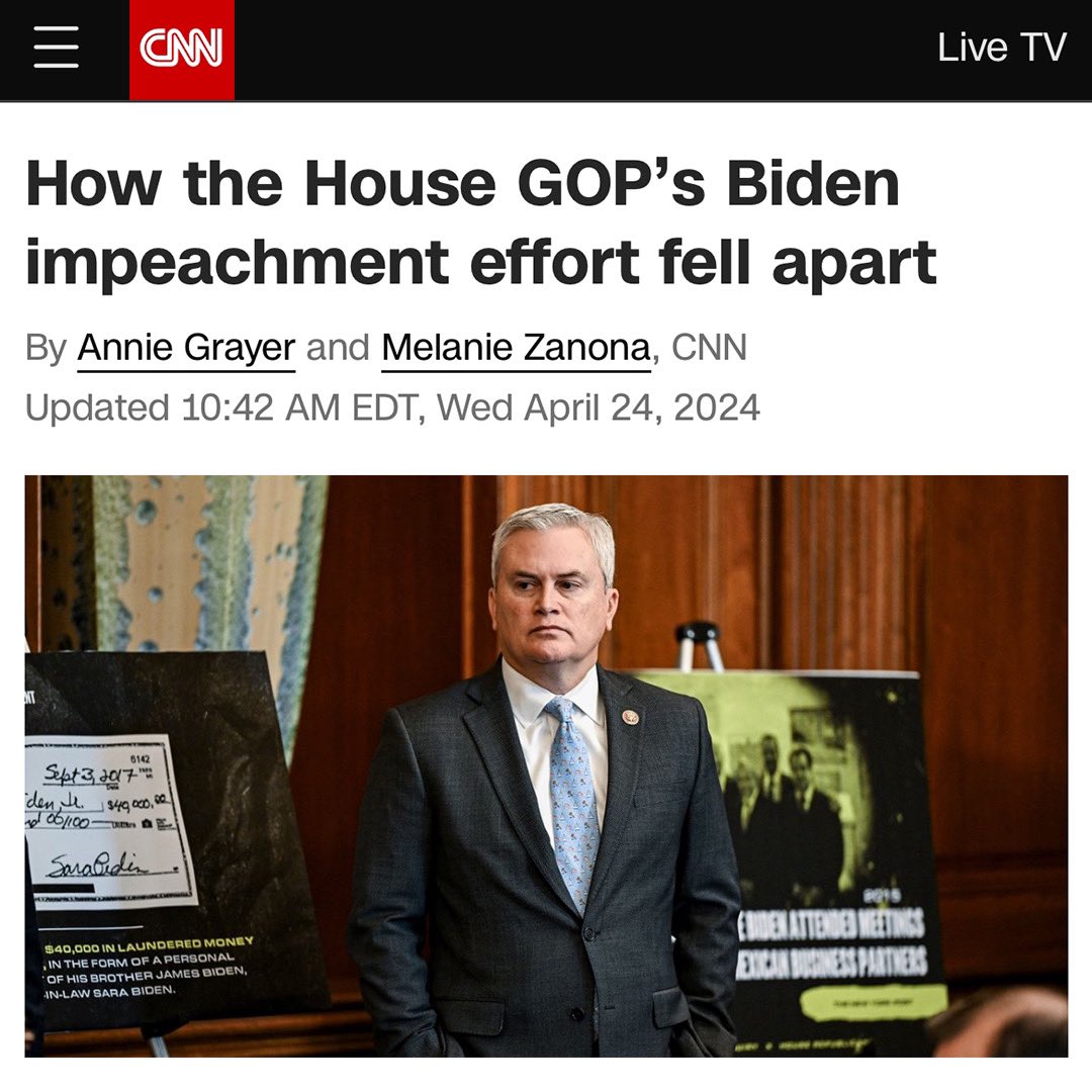 “Comer recently approached one of his Republican colleagues and made a blunt admission: He was ready to be “done with” the impeachment inquiry into Biden”
amp.cnn.com/cnn/2024/04/24…