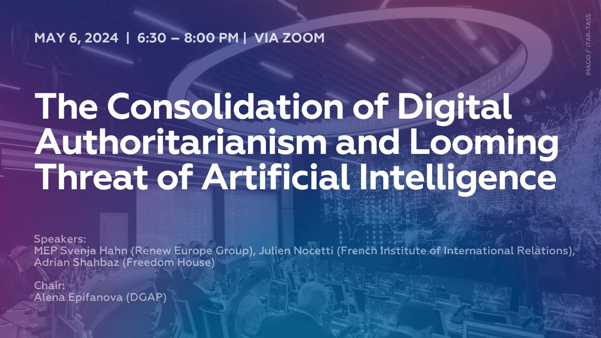 Join us on May 6 for an online discussion on the role of digital authoritarianism! Together with @svenja_hahn, @JulienNocetti & @adrianshahbaz, our Research Fellow @AlenaEpifanova_ will assess the role of #AI for digital control by authoritarian regimes. on.dgap.org/3QcsqXl