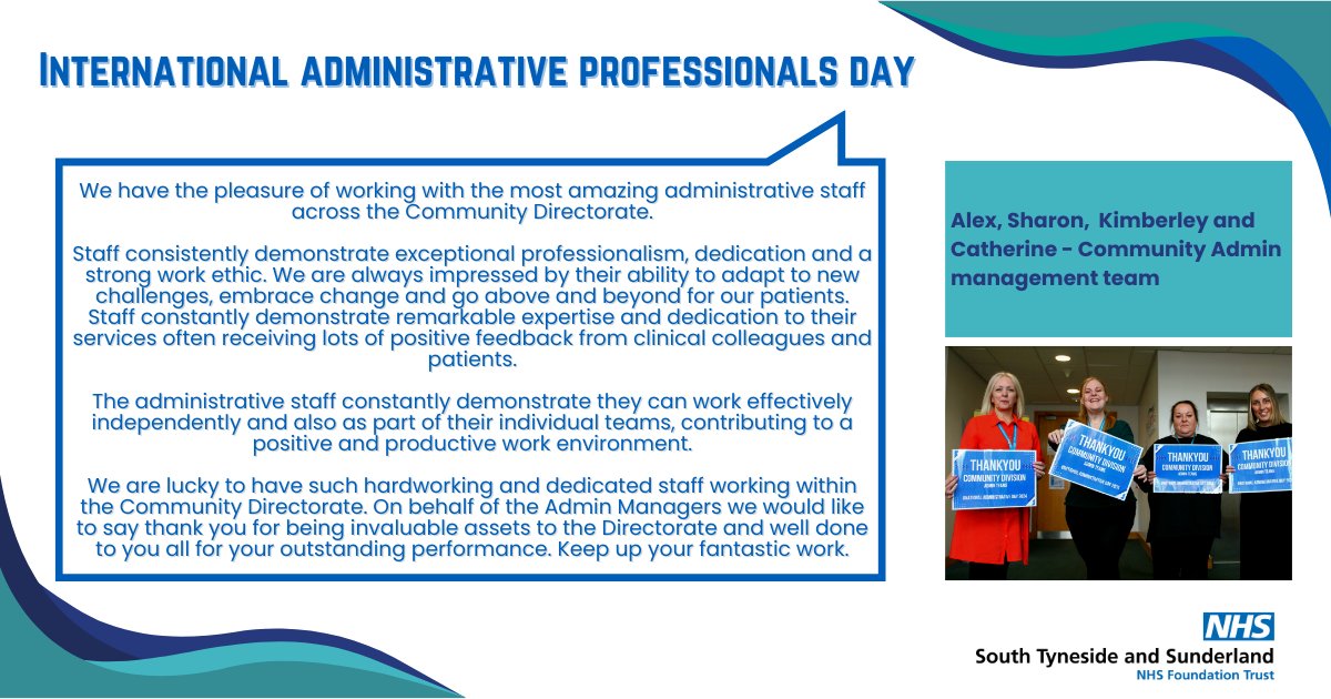 STSFTrust's tweet photo. It's been great to mark #InternationalAdministrativeProfessionalsDay2024 π»π and hear from some of our #TeamSTSFT colleagues about their admin roles π
Finally today, we have our community admin management team ππ https://t.co/AqAcy22slg