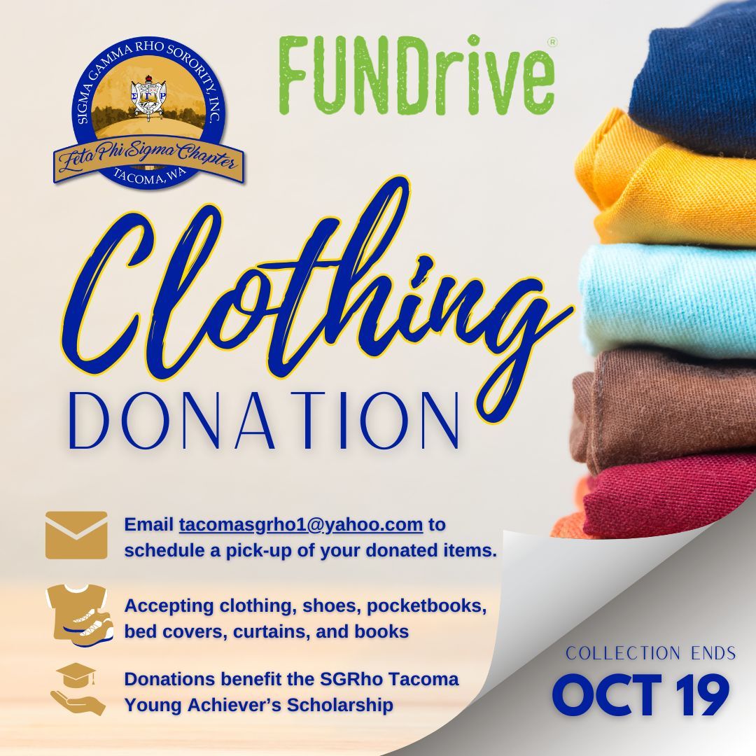Cleaning out your closets? We will pick up the items from you and donate them to our fundraising partner, Value Village. All proceeds help us fund our SGRho Tacoma Young Achievers Scholarship!  Email tacomasgrho1@yahoo.com to schedule a pick-up.