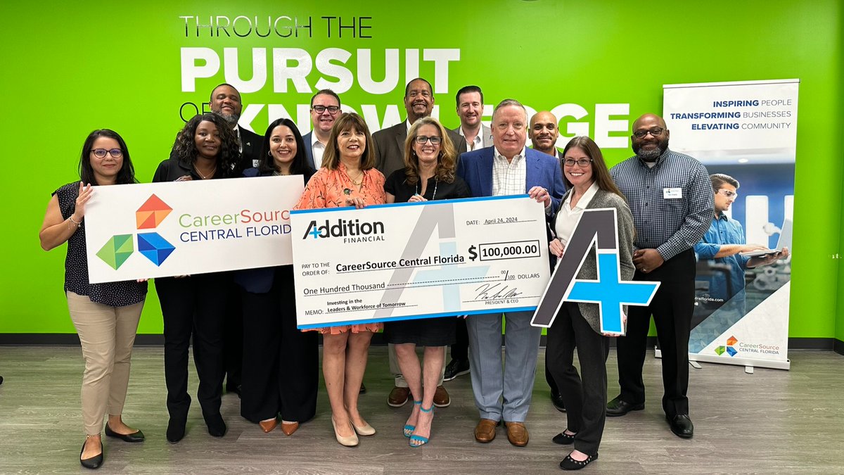 🥁 Exciting news! 🥁 Addition Financial Credit Union has awarded CareerSource Central Florida a $100,000 contribution to support youth in our community. 👏 🎉 Our partnership will provide youth with career exploration & financial education. Thank you @theadditionfi! 💖
