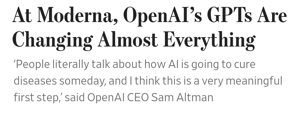 OpenAI and Moderna are announcing a partnership this morning, according to the WSJ. They plan to incorporate AI into their efforts to design 15 new products over the next five years. This is a test flight for deep Enterprise integration.