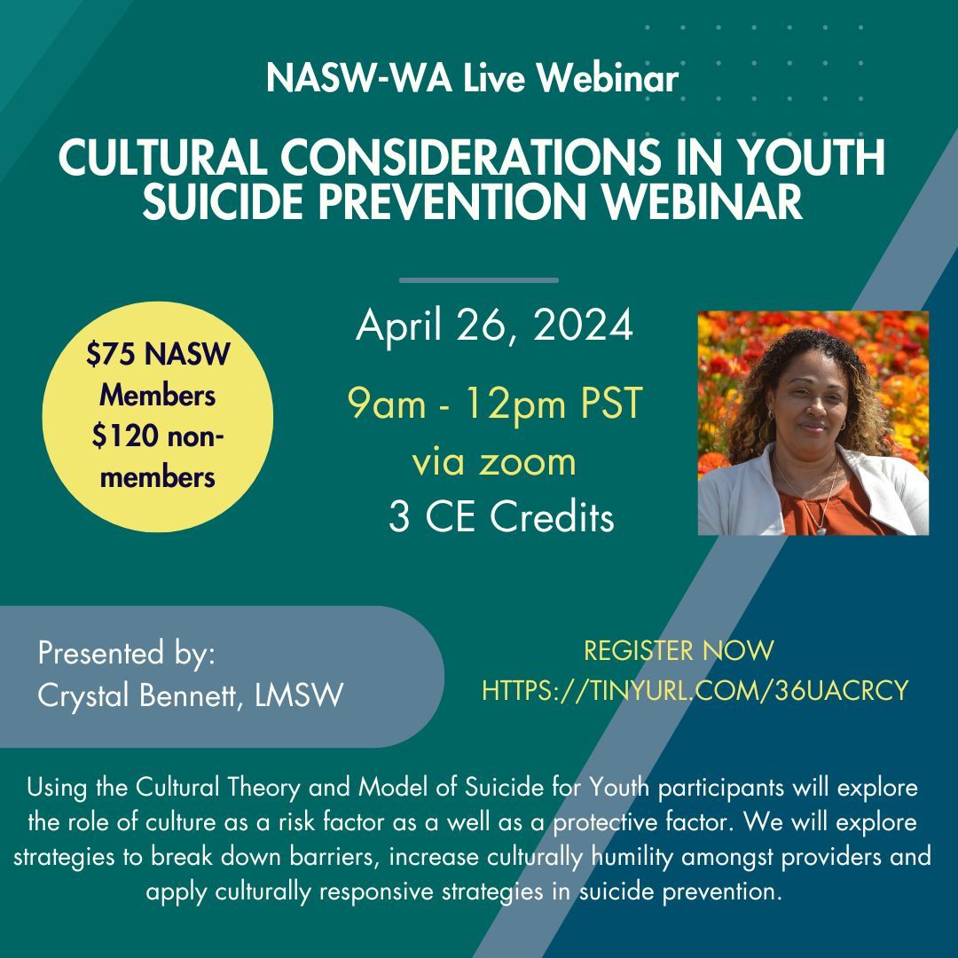 Join #NASW-WA for a virtual CE event on 'Cultural Considerations in Youth Suicide Prevention'. Register here: buff.ly/4cG3oJW #Share