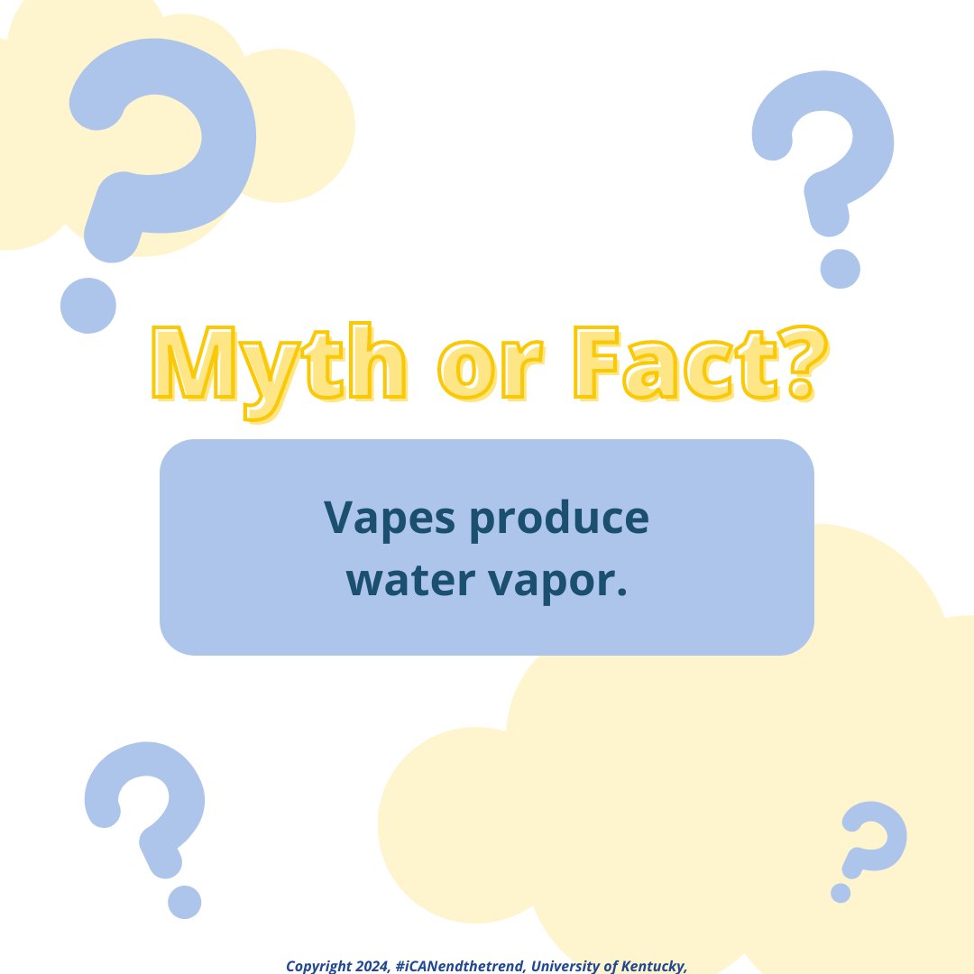 icanendthetrend's tweet photo. MYTH or FACT? Vapes produce a toxic aerosol, but many people believe it is just harmless water vapor🤔⚠️ https://t.co/GlOeQGsBVR