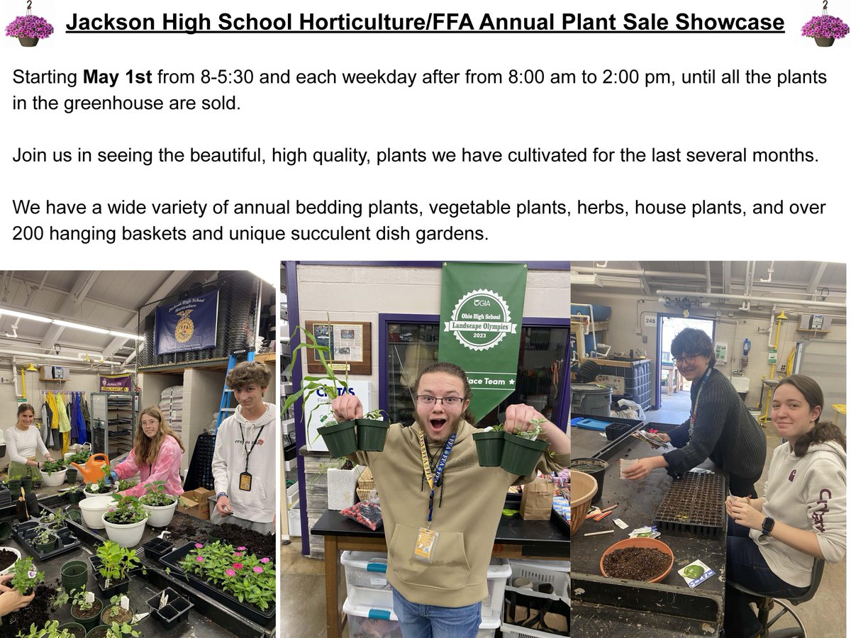 🌿 Brighten your space with plants from Jackson High's Horticulture/FFA Sale! Starts May 1, 8 AM-5:30 PM, then weekdays 8 AM-2 PM at our Greenhouse. Support our students and bring home sustainability! 🌼💚

#PolarBearPride #JHSGreenThumb #PlantSale #SupportLocalStudents