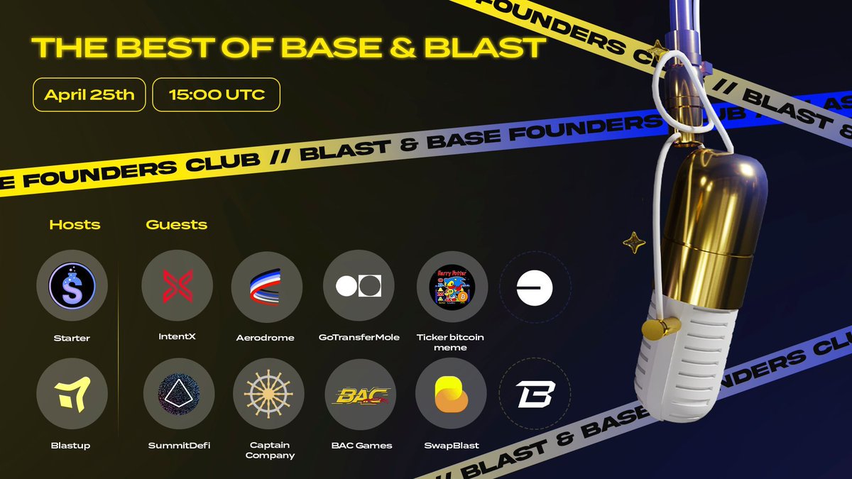 Join us for another BASED SPACES! 📣

This week will be; ‘The Best of #Base &amp; #Blast’ as we host some of the best projects #BUIDLing on @Base &amp; @Blast_L2

📅 Thursday, 25th April
⏰ 3PM UTC
🔗 x.com/i/spaces/1vOxw…

Hosted by <a href="/StarterLabsHQ/">Starter Labs</a> &amp; <a href="/Blastup_io/">BLASTUP</a> 🎙️

Don't miss out!