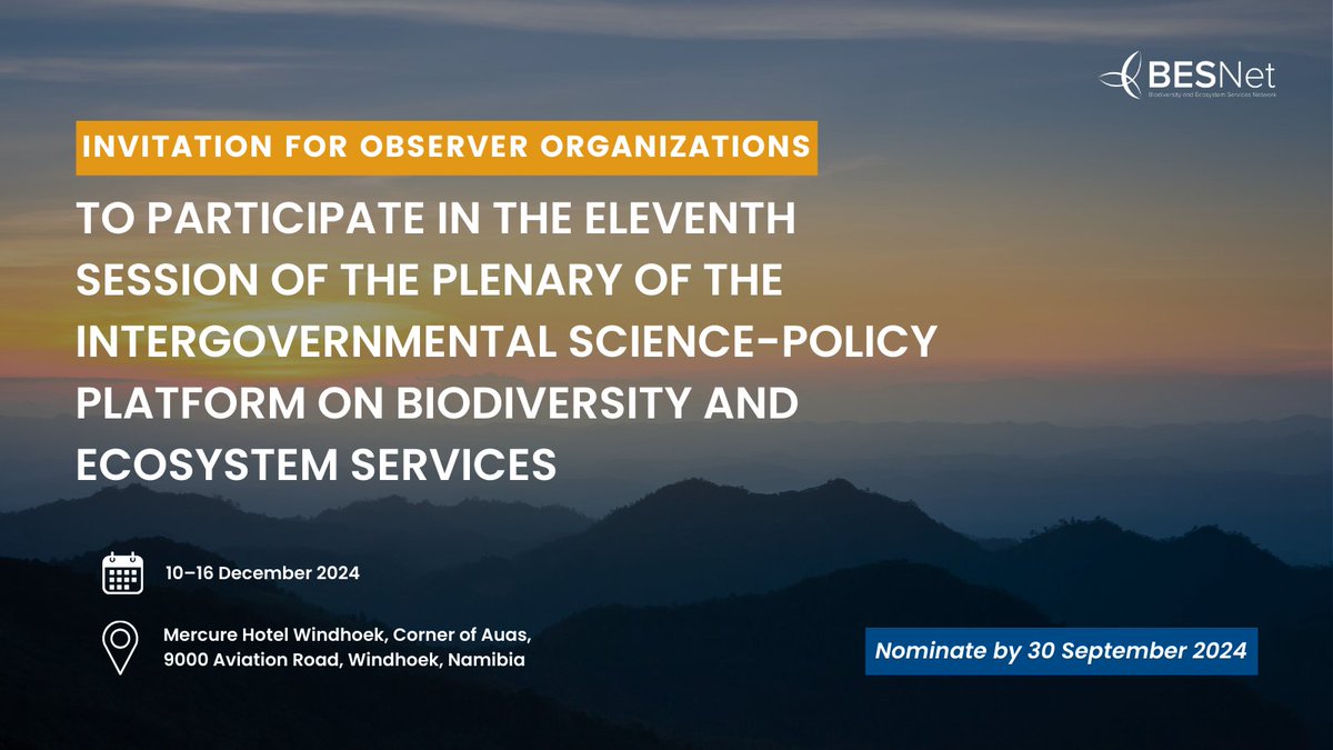 🚨 Exciting news from @IPBES ! Join the 11th session of the IPBES Plenary on 🗓️ 10–16 December 2024 in Namibia to explore vital discussions on biodiversity and ecosystem services, either in person or online. Learn more here: ipbes.net/events/ipbes-11