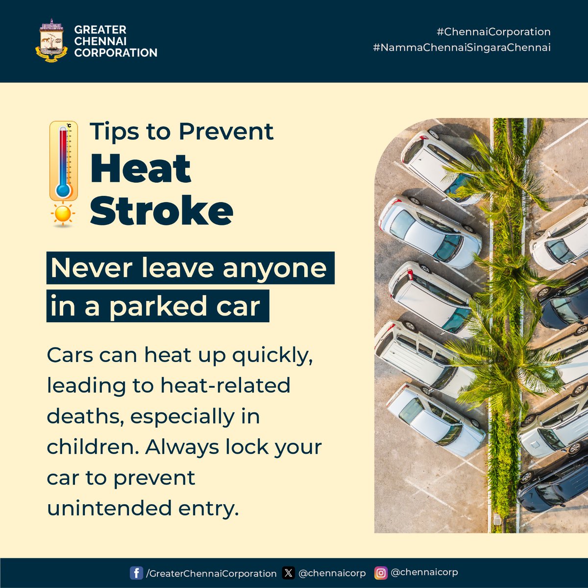 Dear citizens of #Chennai, It's crucial to remember never to leave anyone unattended in a parked car, particularly children. @RAKRI1 #ChennaiCorporation #NalamiguChennai #HeretoServe