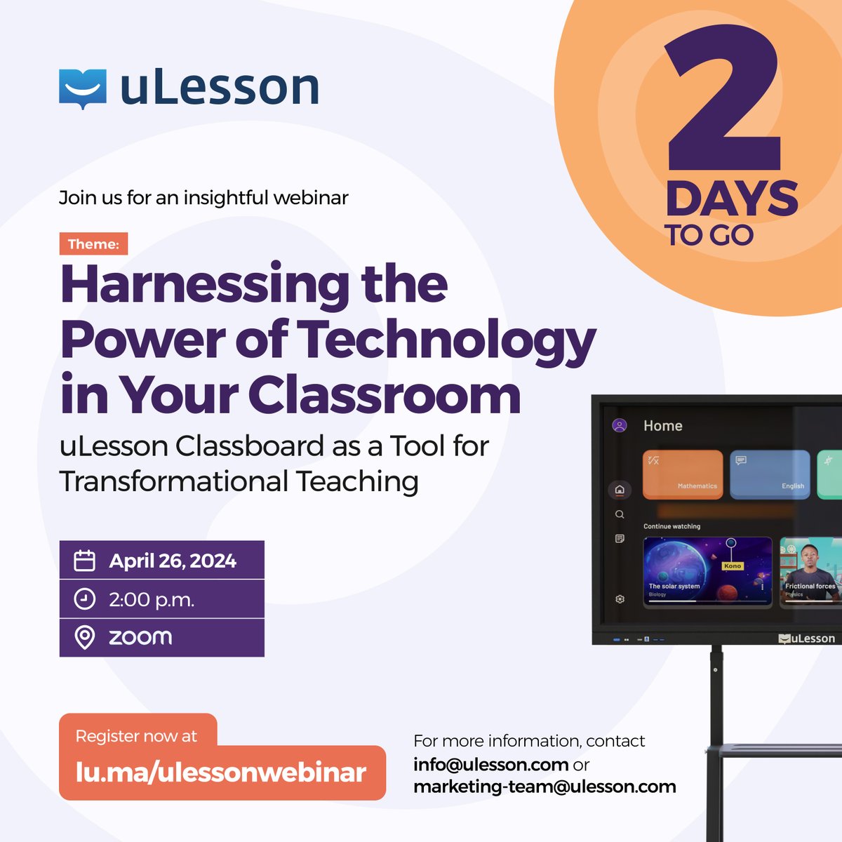 ulessonapp's tweet image. Transforming education is easy with uLesson Classboard! Join us in 2 days to discover its positive impact on classrooms and students.🌍
Register now for an inspiring webinar: lu.ma/ulessonwebinar 💜
#uLesson #uLessonClassboard #Classboard #LoveTeaching #Education #Teaching…