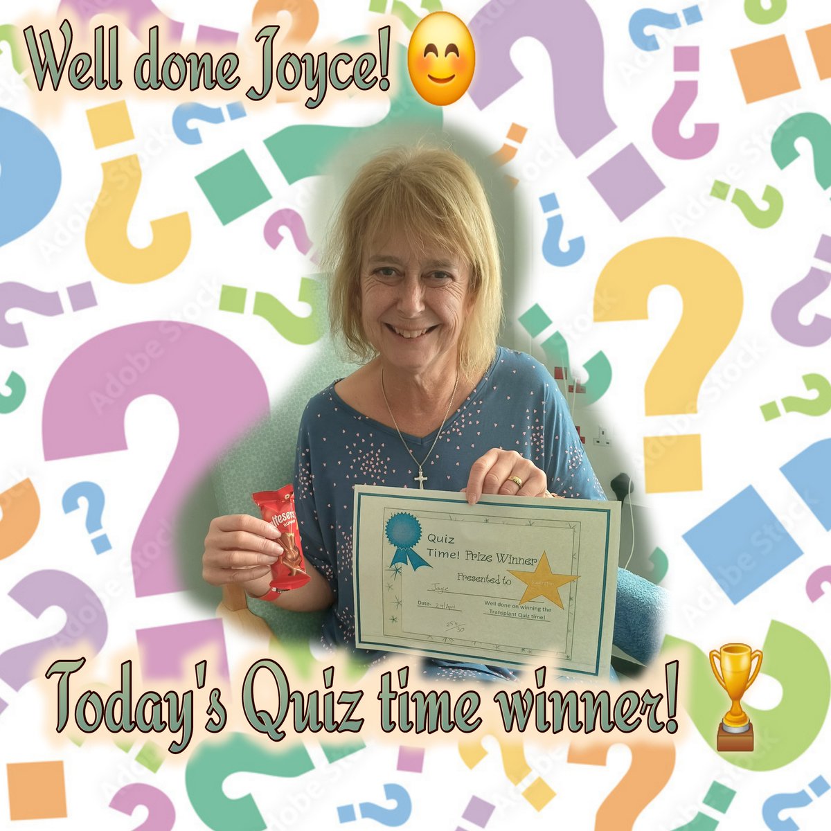 Transplant MFT -Jim Quick & Transplant outpatients (@jimquickmft) on Twitter photo Todays Quiz time winner on JQ! Well done to Joyce, who scored a whopping 25 ½ out of 30! Lots of competition for the Malteser bunny today (still working through the Easter chocs😝) #Quizzes #brainhealth #quizzing #distraction <a href="/Michaela0895/">Michaela Burton</a> <a href="/vikki_warman/">Vikki Warman</a> <a href="/TntTracy73/">Tracy Kelly</a> <a href="/parkerkarenj/">Karen parker</a> Todays Quiz time winner on JQ! Well done to Joyce, who scored a whopping 25 ½ out of 30! Lots of competition for the Malteser bunny today (still working through the Easter chocs😝) #Quizzes #brainhealth #quizzing #distraction <a href="/Michaela0895/">Michaela Burton</a> <a href="/vikki_warman/">Vikki Warman</a> <a href="/TntTracy73/">Tracy Kelly</a> <a href="/parkerkarenj/">Karen parker</a>