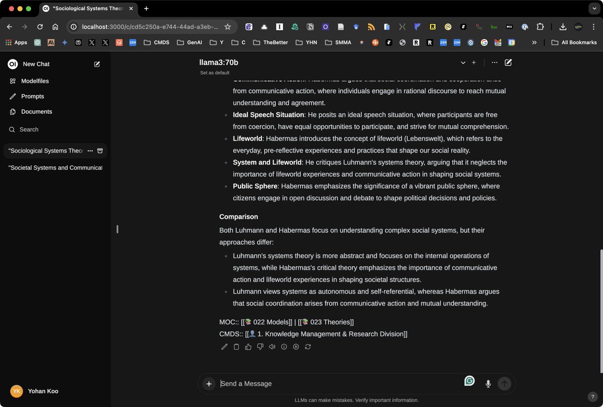 YohanKoo's tweet image. How to use @ollama and @OpenWebUI in an advanced way. 
The local model automatically connects notes for use in Obsidian, the ultimate knowledge management tool.

#ollama 와 #openwebui 를 고급지게 사용하는 법. 
지식관리 도구 끝판왕인 옵시디언에서 사용할 노트 연결을 로컬 모델이…