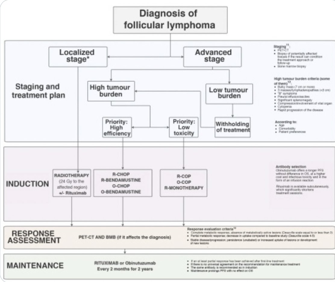 How I Treat in a Tweet! - Follicular Lymphoma Stage 1 XRT Stage 2 Observe Select (contiguous) XRT Stage 3/4 asymptomatic/🚫bulk Observe Stage 3/4🚫bulk but symptom R weekly x 4 ⬆️bulk BR NO R maint >70ish/frail +symptom Rx4 or Rev+R Transformed?but can’t prove RCHOP🚫