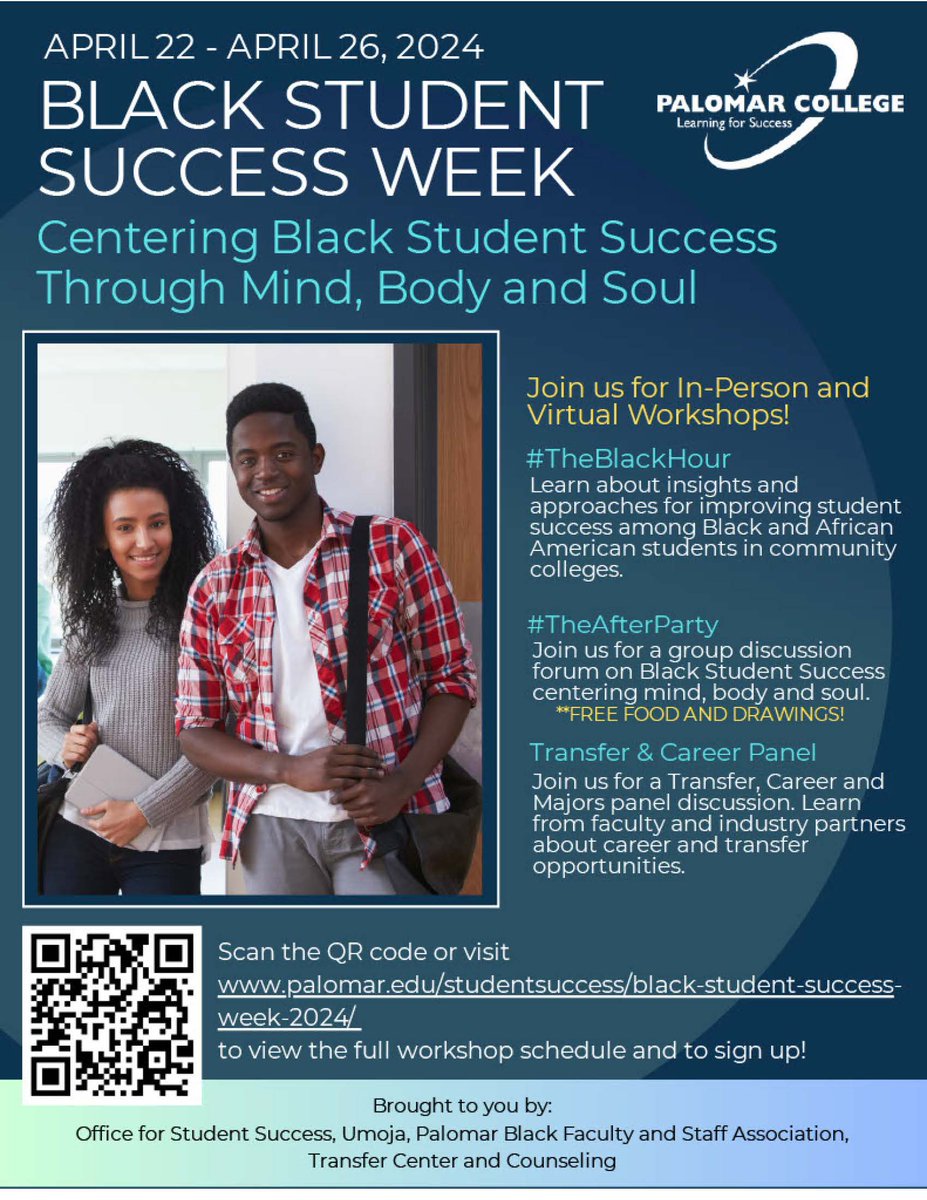 Black Student Success Week Workshops
📆4/24-Today
Racial Battle Fatigue and the Importance of Mental Health.
12:00pm-1:00pm: #TheBlackHour 
1:00pm-2:00pm: #TheAfterParty 
Location: San Marcos Campus, LRC 116
palomar.edu/studentsuccess…