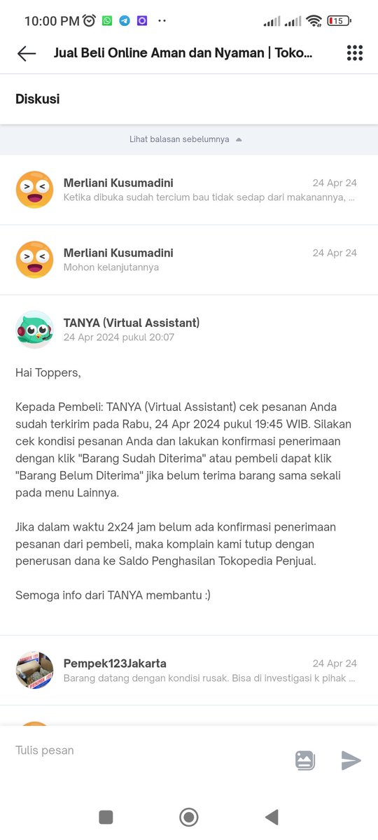 dinnidinnul's tweet photo. Ini @TokopediaCare @tokopedia gimana sih respondnya, complain awal emang barang belom diterima, tapi kalo kalo barangnya diterima tapi bermasalah masa harus klik barang sufah diterima? Woy ini rugi woy https://t.co/bgybaEimk6