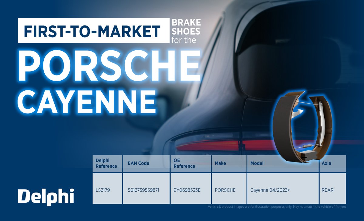 delphiautoparts's tweet photo. We now offer First-to-Market brake shoes crafted specifically for your Porsche Cayenne. Upgrade to Delphi LS2179 brake shoes and dominate the road with confidence!

#Braking #PorscheCayenne #FirstToMarket https://t.co/xZU5fI3Z8X