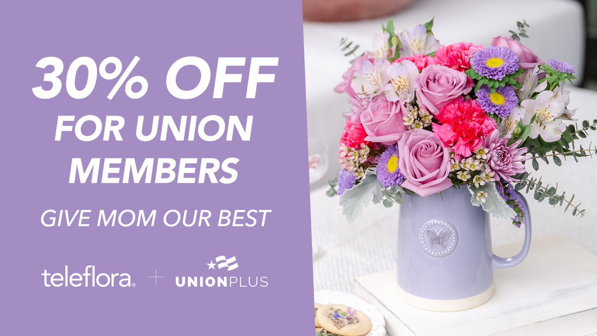 🌷 Union Members, Mother's Day is blooming with benefits! Get 30% off on a bouquet of appreciation for the moms in your life. 🍫 Indulge her with Belgian chocolate-covered treats or a beautiful gift basket. 💐 Shop now at Teleflora and show Mom some love! unionplus.click/mom24