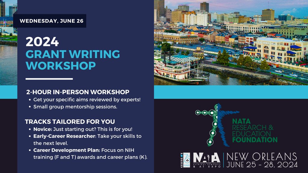 Join us for the NATA Foundation Grant Writing Workshop at #NATA2024. Learn how to maximize your chance of securing research funding from a group of nationally recognized mentors. Event is free but registration is required! Learn more: natafoundation.org/research/grant…