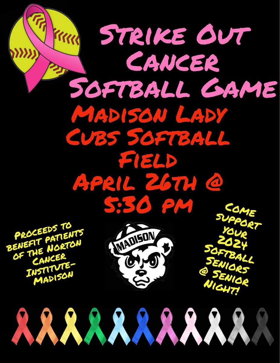 Support the Lady Cubs and our 4 seniors as well as raise money for Cancer Awareness Friday night @ 5:30 at Lady Cub Field. All kinds of great raffle prizes to choose from. Fold-up Wagon, Cincinnati Reds and Holiday World Tickets, Madison Regatta Wristbands and many gift cards.