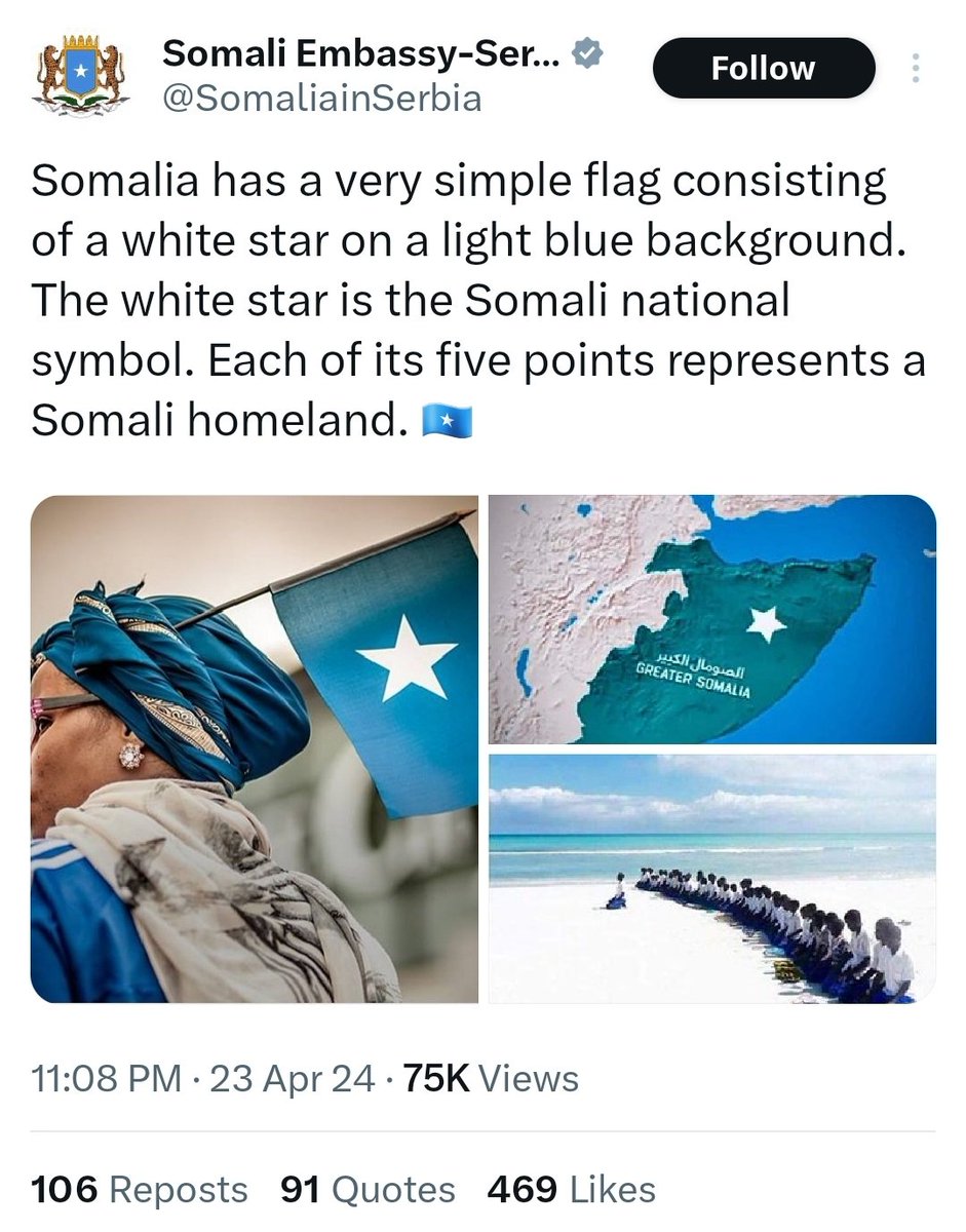 Oh my Gosh!
Really? 
#Somalian Embassy in Serbia using the map of 'Greater Somalia', an irredentist dream of annexing parts of #Ethiopia, #Djibouti and #Kenya?
While filing to secure the capital, Mogadishu, how one can day dream of the ' Greater Somalia'?
Absurdity at its worst?
