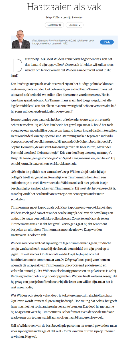 drjhamsterdam's tweet photo. Opnieuw een scherpe en o zo ware column van Frits Abrahams in @NRC over de haatzaaier Geert Wilders.
De man die van haatzaaien zijn beoep heeft gemaakt.
Paranoia en te kwader trouw. https://t.co/SfZFdDeGB7