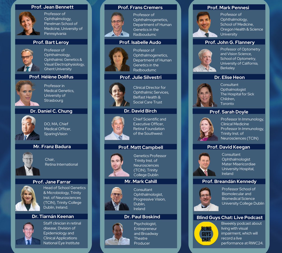 We're excited to share the lineup of impressive speakers for #RIWC24: bit.ly/3UtKPS6 Don't miss out on this incredible opportunity to be in the same room as the best in #Retinal research and advocacy. Even more to follow, stay tuned! @Retina_Int @fight_blindness