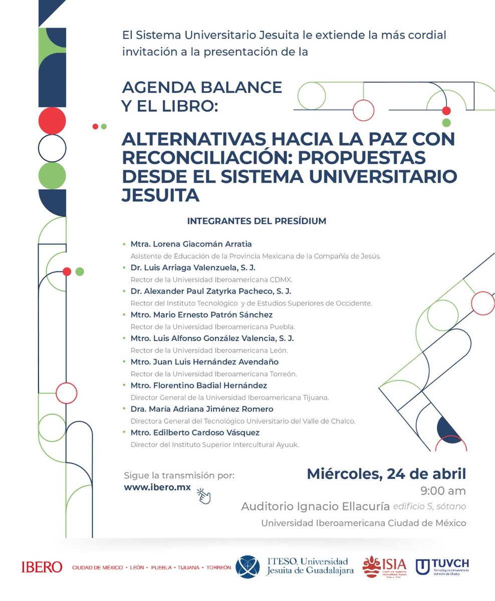 Inicia la presentación de la Agenda Balance y del libro “Alternativas hacia la paz con reconciliación”, la cual cuenta con la presencia de los Rectores y Directores del <a href="/suj_contigo/">Sistema Universitario Jesuita</a>.

#LaboratorioDePaz 🕊

Sigue la transmisión desde ibero.mx