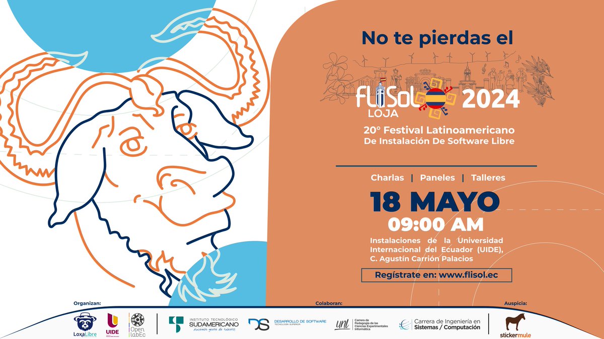 #Loja Nos complace anunciad #Flisol2024Ecuador en nuestra ciudad 👉Será el 18 de mayo en las instalaciones de @UideExtLoja en jornada completa 📌Puedes registrar tu participación en flisol.ec, la entrada es libre y gratuita. Incluye certificado de asistencia
