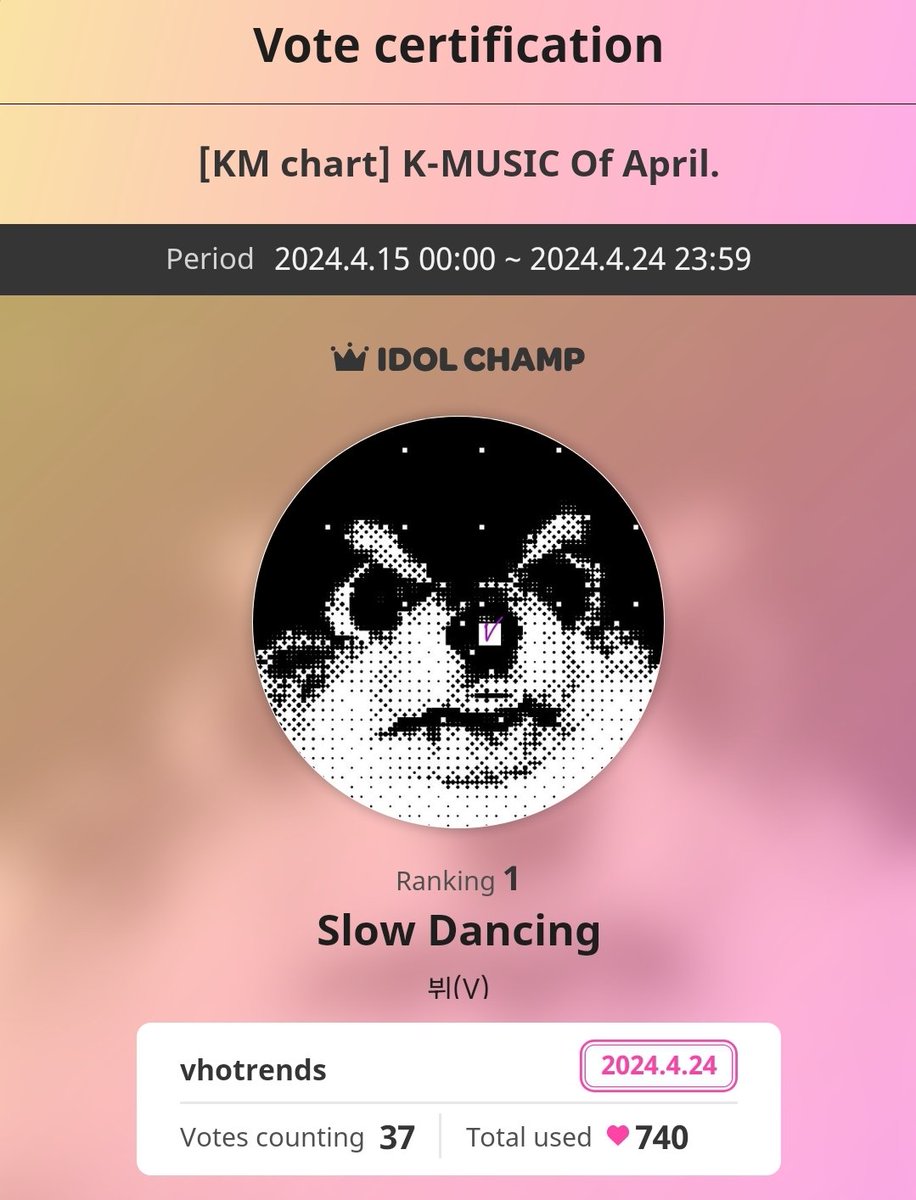 𝐊𝐌 𝐜𝐡𝐚𝐫𝐭 𝗞-𝗠𝗨𝗦𝗜𝗖 𝗢𝗳 𝗔𝗽𝗿𝗶𝗹 
Slow Dancing 🥈is nominated for Best K-Music for 2nd Season 

We won 𝗞-𝗠𝗨𝗦𝗜𝗖 𝗔𝗿𝘁𝗶𝘀𝘁 𝗢𝗳 𝗔𝗽𝗿𝗶𝗹
#1 BTS V 🥇#KIMTAEHYUNG 
CONGRATULATIONS TAEHYUNG!